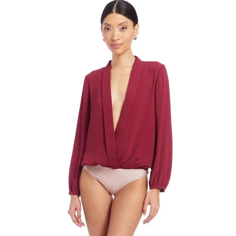 Women's Designer Amanda Uprichard Medium Hera Thong Bodysuit Malbec Top Blouse